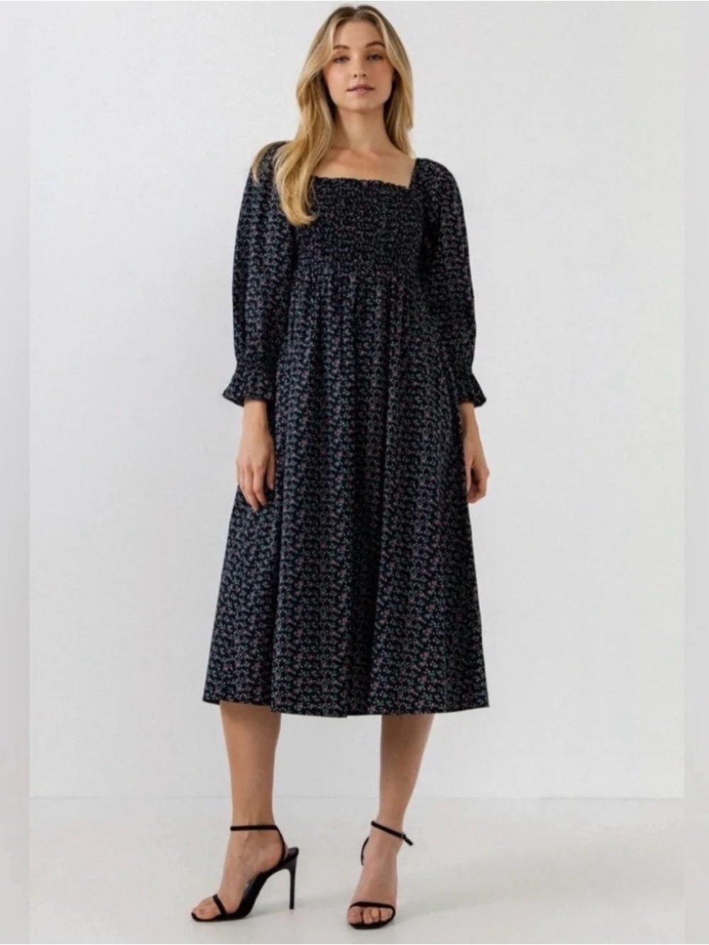 ENGLISH FACTORY Black and Pink Floral Smocked Midi Dress Size Small